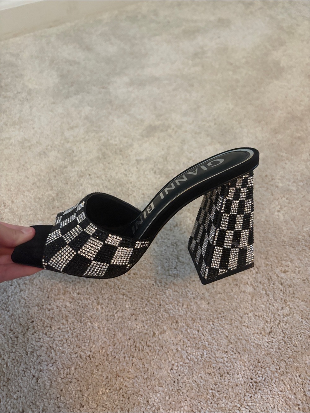 Gianni Bini Black & Silver Checkered Crystal Block Heel Mules - Picture 2 of 4